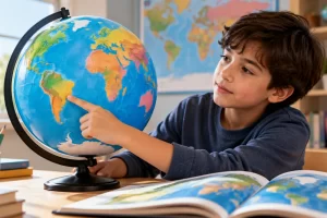 Estudiante observando un globo terráqueo junto a un libro de geografía.