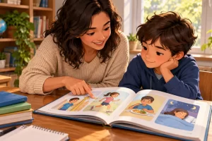 Docente y niño observando un libro ilustrado sobre el cuerpo y hábitos cotidianos.