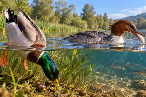 Ilustración de dos patos buscando alimento de distintas maneras.