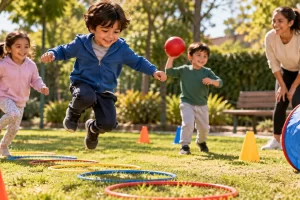 Niños saltando y jugando en un circuito al aire libre con una adulta.