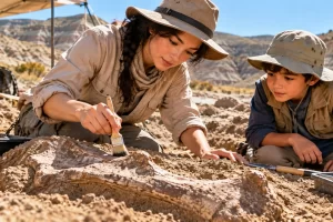 Persona adulta y niño observando una excavación con herramientas delicadas.