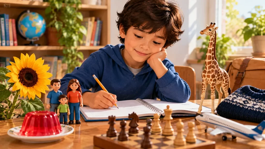 Niño escribiendo junto a objetos como girasol, gelatina, figuras y piezas de ajedrez.