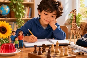 Niño escribiendo junto a objetos como girasol, gelatina, figuras y piezas de ajedrez.