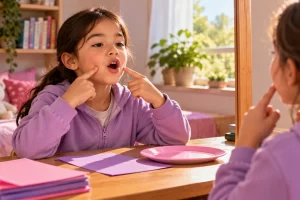 Niña practicando movimientos de pronunciación frente a un espejo.