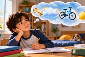 Un niño imagina una llave, una nube, una bicicleta y un limón.