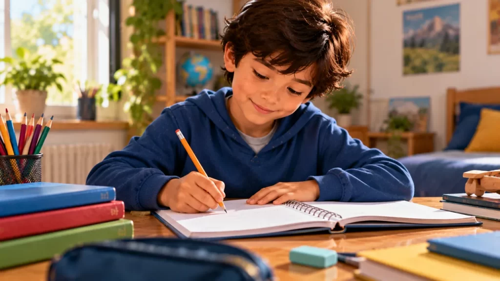 Un niño escribe en un cuaderno junto a sus materiales escolares.