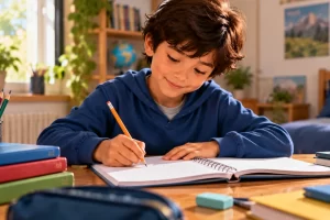 Un niño escribe en un cuaderno junto a sus materiales escolares.