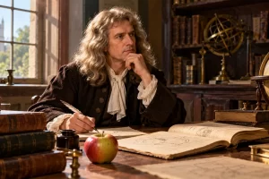 Científico imaginado inspirado en Newton con libros y una manzana sobre su mesa.