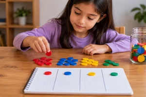 Una niña clasifica fichas de colores en distintos grupos.