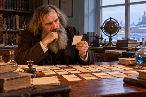 Recreación de un químico del siglo XIX que estudia y ordena tarjetas sobre su escritorio.
