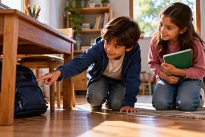 Dos niños buscan una mochila bajo una mesa.