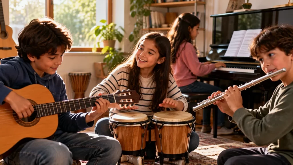 Niños tocando guitarra, percusión, flauta y piano.