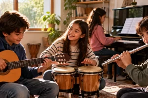 Niños tocando guitarra, percusión, flauta y piano.