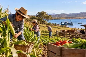 Personas cosechando maíz, ganado y embarcaciones en un entorno rural.
