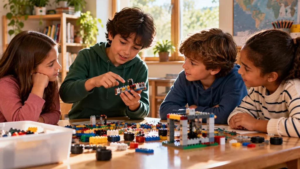 Fortalezas de los niños: cómo reconocerlas sin poner etiquetas 1 Niños colaborando para construir una estructura con piezas encajables.