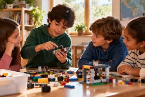 Niños colaborando para construir una estructura con piezas encajables.