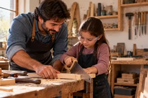 Persona adulta enseñando una tarea de carpintería a una niña con gafas protectoras.