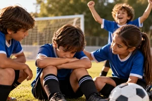 Niños acompañando a un compañero durante un partido.
