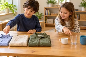 Dos niños agrupan prendas y recipientes sobre una mesa.