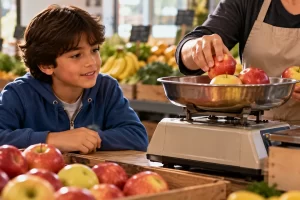 Un adulto coloca manzanas en una balanza mientras un niño observa.