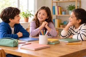 Tres estudiantes conversan junto a sus cuadernos en un aula.