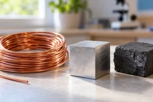 Alambre de cobre, un cubo metálico plateado y un bloque oscuro en una composición de materiales.