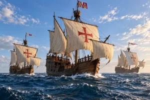 Tres embarcaciones de vela imaginadas navegan por el Atlántico.