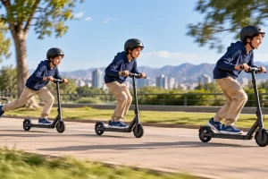 Secuencia ilustrativa de un niño con casco desplazándose en patinete.