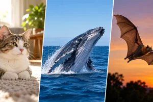 Un gato, una ballena y un murciélago aparecen en tres escenas separadas.