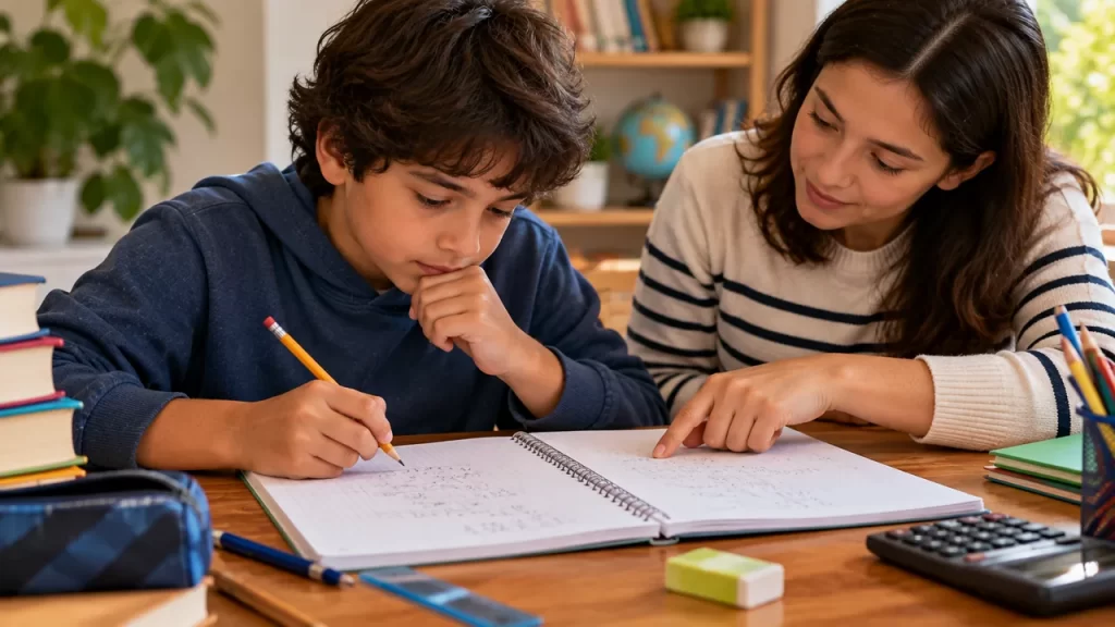 Niño y adulta comprobando operaciones en un cuaderno.