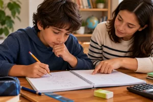 Niño y adulta comprobando operaciones en un cuaderno.