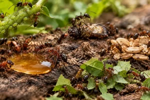 Ilustración de hormigas y diversas fuentes de alimento.