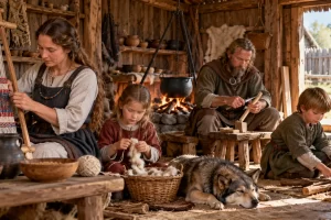 Familia imaginada tejiendo y trabajando madera en una casa de época vikinga.