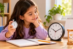 Una niña observa un reloj, un cronómetro y un reloj de arena.