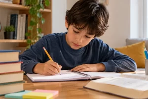 Un niño estudia con un cuaderno y varios libros.
