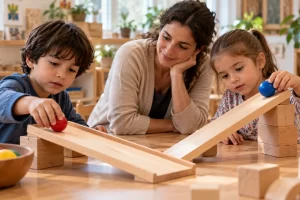 Una educadora observa a dos niños que comparan rampas de madera y pelotas.