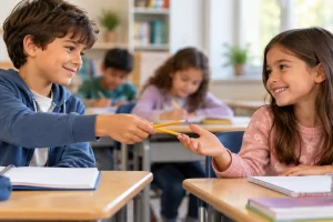 Un niño entrega un lápiz a una compañera en el aula.
