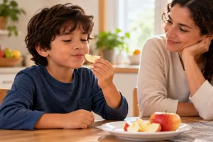 Un niño prueba un trozo de manzana acompañado por una persona adulta.