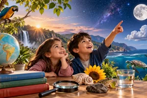 Dos niños observan elementos de naturaleza y del cielo en una composición imaginativa.
