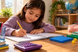 Una niña practica con su cuaderno, una calculadora y bloques de diferentes tamaños.