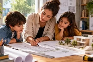 Una arquitecta conversa con dos niños junto a planos y una maqueta de un edificio.