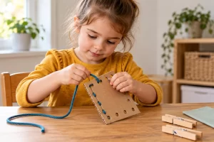 Niña pasando un cordón azul por los agujeros de un cartón.