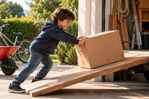 Niño desplazando una caja sobre un plano inclinado.