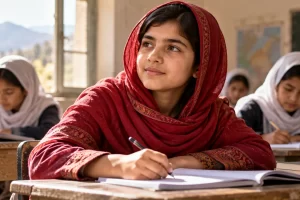 Niña atendiendo en una clase junto a otras alumnas.