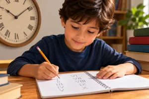 Un estudiante escribe del I al X junto a un reloj con numeración romana.