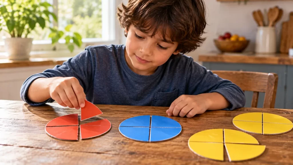 Niño comparando círculos divididos en cuartos.