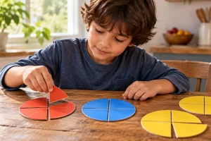 Niño comparando círculos divididos en cuartos.
