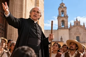 Recreación artística de Miguel Hidalgo dirigiéndose a un grupo de personas.