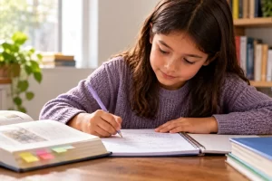 Una niña toma notas en un cuaderno mientras consulta un libro.