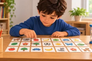 Un niño observa una serie de tarjetas ilustradas sobre una mesa.